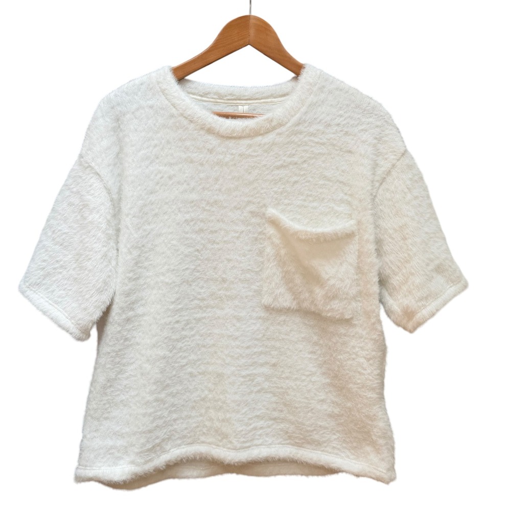 Anthropologie Sweater Women S White Fuzzy Eyelash Knit Short Sleeve Pocket Top